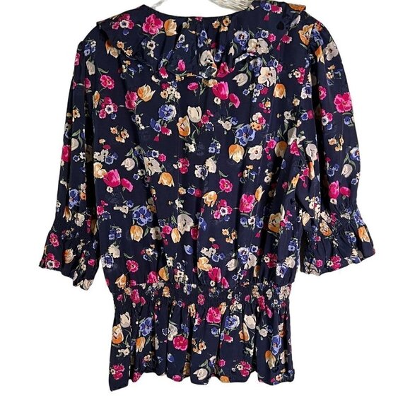 Lauren Ralph Lauren Navy Floral Women's Size Large V-Neck Ruffle Top - Picture 6 of 11